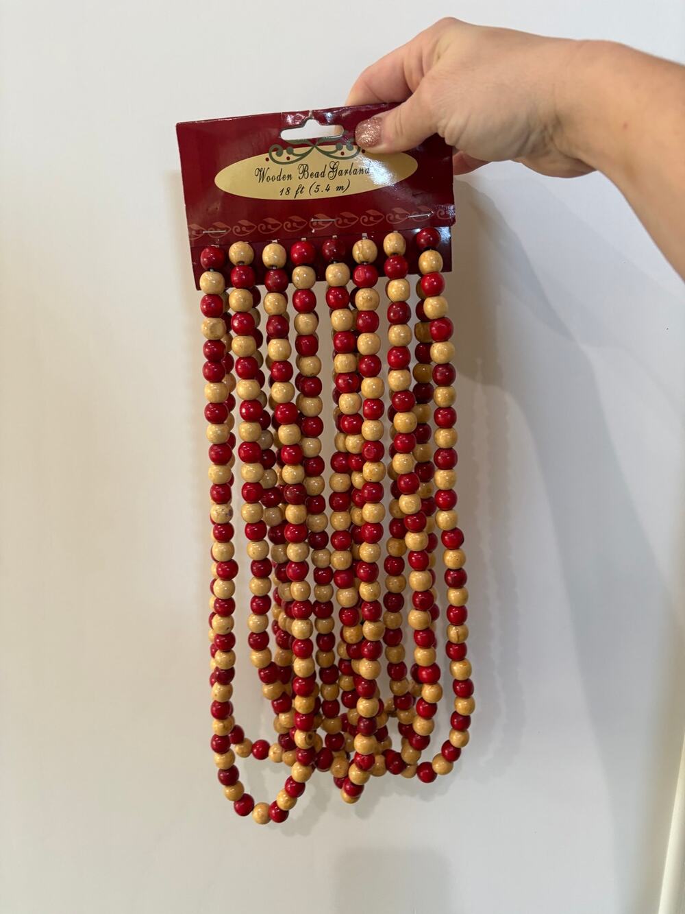 Wooden Bead Christmas Garland 18 Ft Red Natural Wood Beads Rustic Holiday Decor